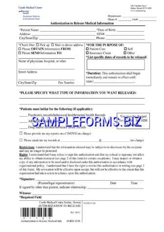 Hawaii Authorization to Release Medical Information Form pdf free